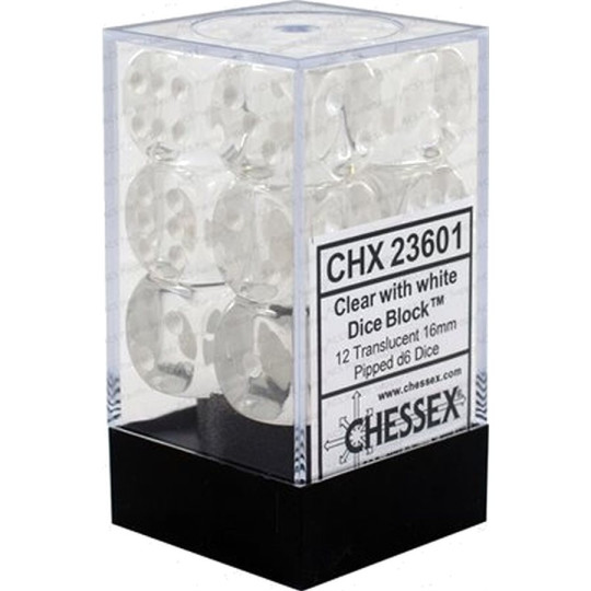 Chessex D6 16mm Translucent Clear/White 