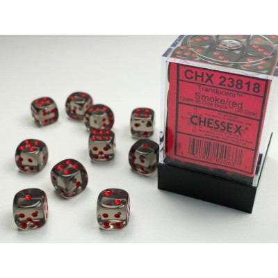Chessex Translucent 12mm d6 with pips Dice Blocks (36 Dice) - Smoke w/red 