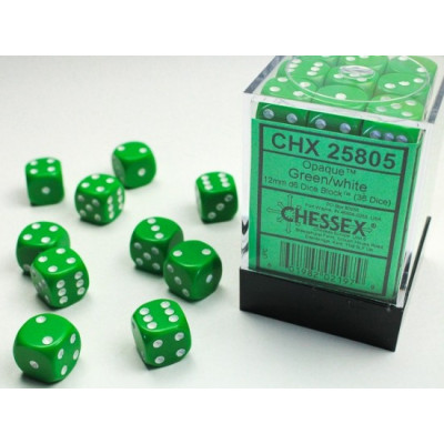 Chessex Opaque 12mm d6 with pips Dice Blocks (36 Dice) - Green w/white