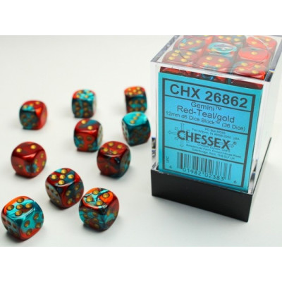 Chessex Gemini 12mm d6 Dice Blocks with pips Dice Blocks (36 Dice) - Red-Teal with gold