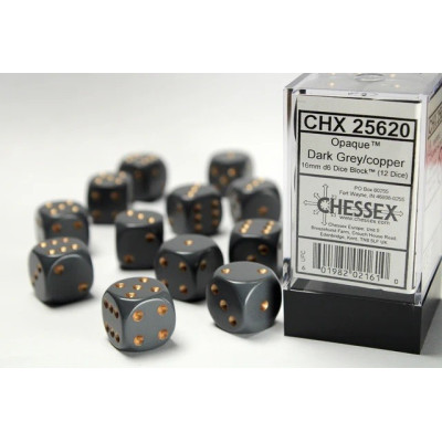 Chessex Opaque 16mm d6 with pips Dice Blocks (12 Dice) - Dark Grey w/copper