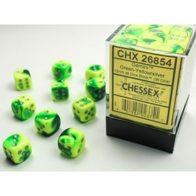 Chessex Gemini 12mm d6 Dice Blocks with pips Dice Blocks (36 Dice) - Green-Yellow w/silver