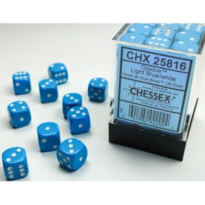 Chessex Opaque 12mm d6 with pips Dice Blocks (36 Dice) - Light Blue w/white