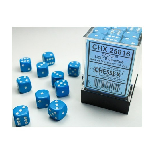 Chessex Opaque 12mm d6 with pips Dice Blocks (36 Dice) - Light Blue w/white