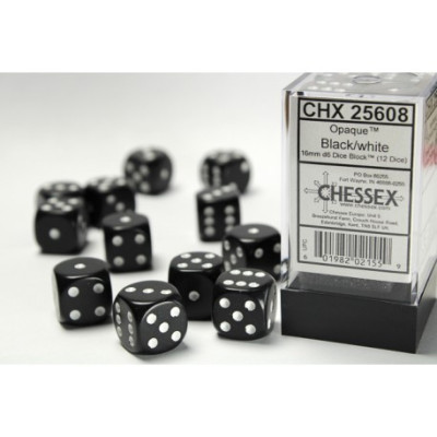 Chessex Opaque 16mm d6 with pips Dice Blocks (12 Dice) - Black w/white