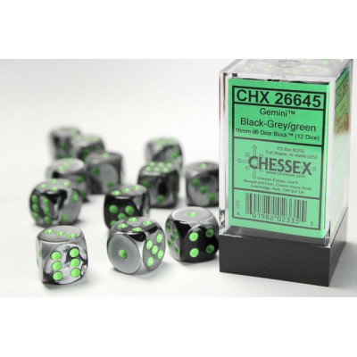 Chessex Gemini 16mm d6 with pips Dice Blocks (12 Dice) - Black-Grey w/green