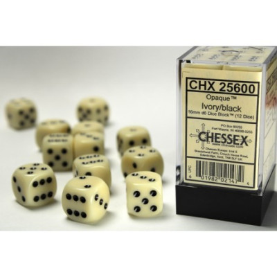 Chessex Opaque 16mm d6 with pips Dice Blocks (12 Dice) - Ivory w/black