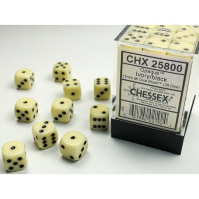 Chessex Opaque 12mm d6 with pips Dice Blocks (36 Dice) - Ivory w/black 