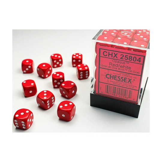 Chessex Opaque 12mm d6 with pips Dice Blocks (36 Dice) - Red w/white