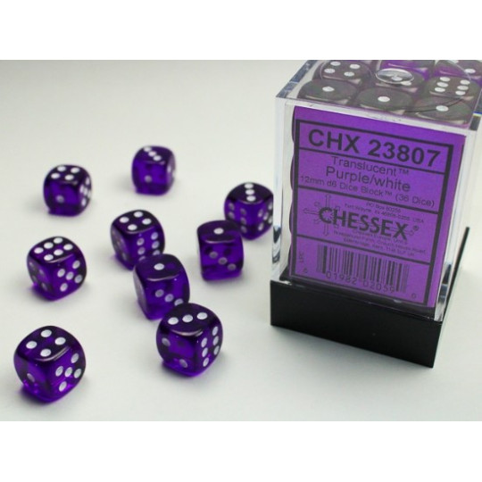Chessex Translucent 12mm d6 with pips Dice Blocks (36 Dice) - Purple w/white 