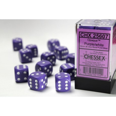 Chessex Opaque 16mm d6 with pips Dice Blocks (12 Dice) - Purple w/white