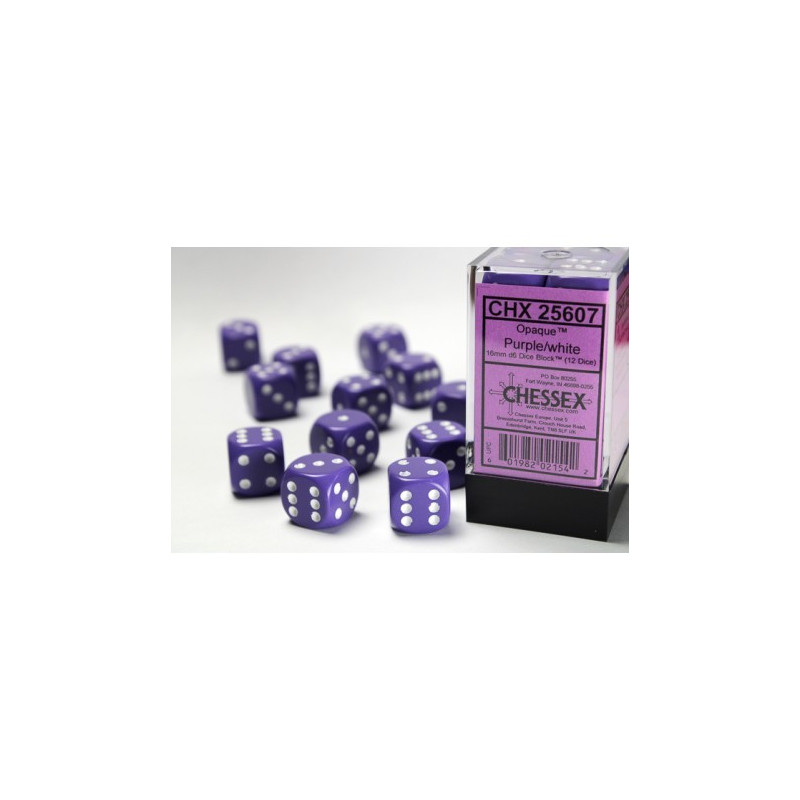 Chessex Opaque 16mm d6 with pips Dice Blocks (12 Dice) - Purple w/white