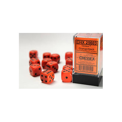 Chessex Opaque 16mm d6 with pips Dice Blocks (12 Dice) - Orange w/black