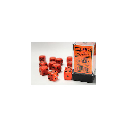 Chessex Opaque 16mm d6 with pips Dice Blocks (12 Dice) - Orange w/black
