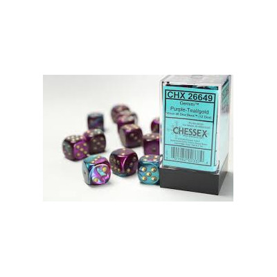 Chessex Gemini 16mm d6 with pips Dice Blocks (12 Dice) - Purple-Teal w/gold