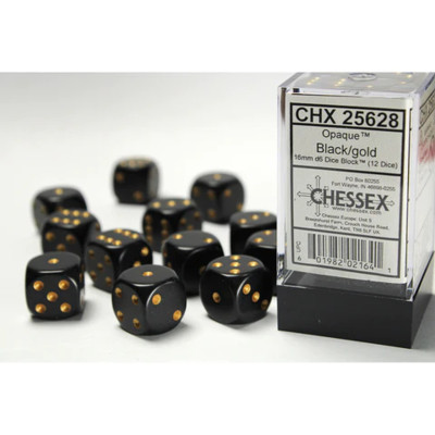 Chessex Opaque 16mm d6 with pips Dice Blocks (12 Dice) - Black w/goldA