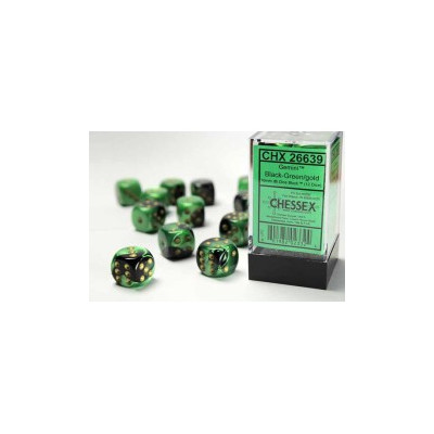 Chessex Gemini 16mm d6 with pips Dice Blocks (12 Dice) - Black-Green w/gold A