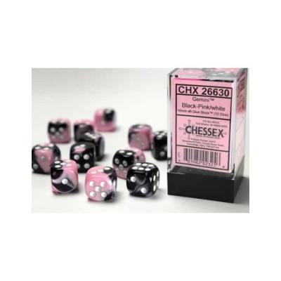 Chessex Gemini 16mm d6 with pips Dice Blocks (12 Dice) - Black-Pink w/whiteA