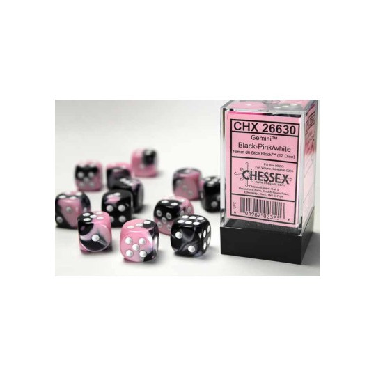 Chessex Gemini 16mm d6 with pips Dice Blocks (12 Dice) - Black-Pink w/whiteA