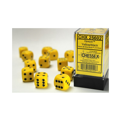 Chessex Opaque 16mm d6 with pips Dice Blocks (12 Dice) - Yellow w/blackA