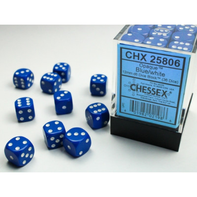 Chessex Opaque 12mm d6 with pips Dice Blocks (36 Dice) - Blue w/white