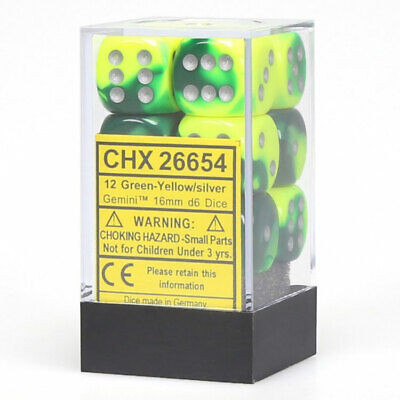 Chessex Gemini 16mm d6 Green, Yellow, and Silver Dice Blocks (12 Dice)