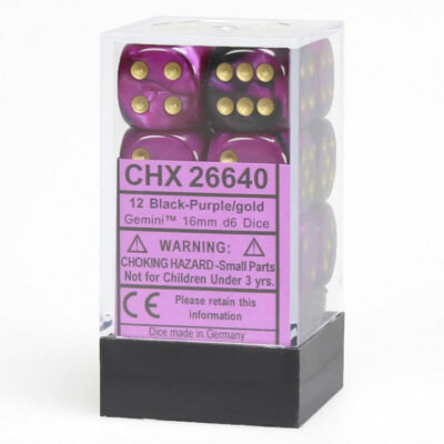 Chessex Gemini 16mm d6 Black Purple, and Gold Dice Blocks (12 Dice)