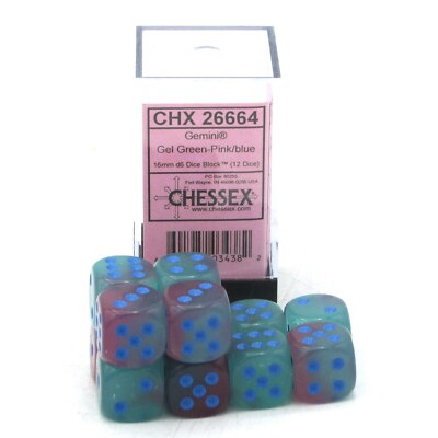 Chessex Gemini 16mm d6 Gel Green-Pink, Blue Luminary Dice Blocks (12 Dice)