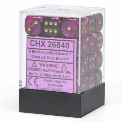 Chessex Gemini 12mm d6 Black, Purple, and Gold Dice Blocks (36 Dice)