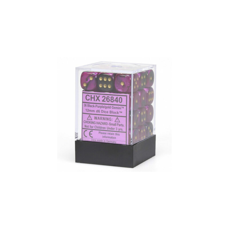 Chessex Gemini 12mm d6 Black, Purple, and Gold Dice Blocks (36 Dice)