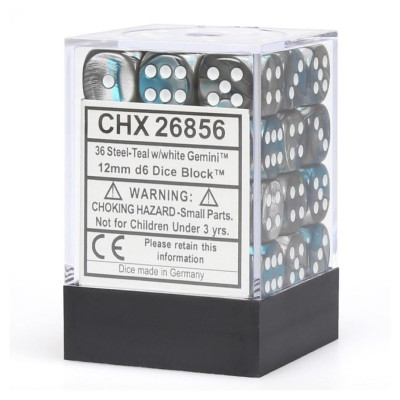 Chessex Gemini 12mm d6 Steel, Teal, and White Dice Blocks (36 Dice)