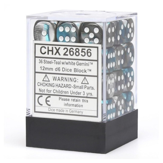 Chessex Gemini 12mm d6 Steel, Teal, and White Dice Blocks (36 Dice)