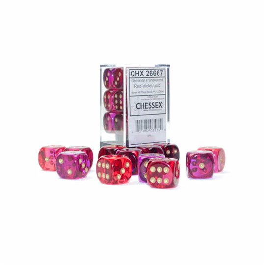 Gemini Translucent Red-Violet/gold 16mm d6 Dice Block (12 dice)