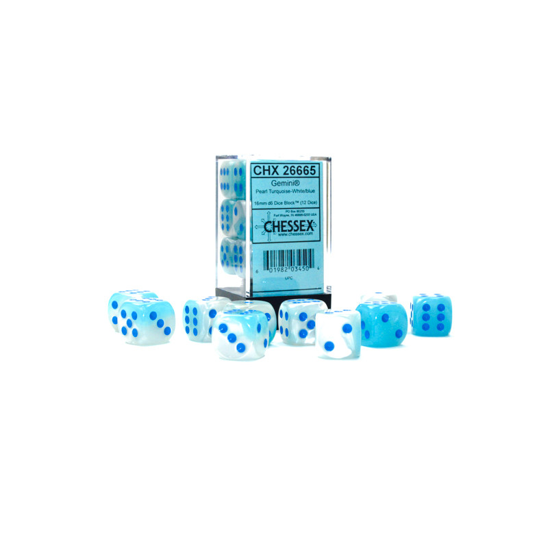 Gemini 16mm d6 Pearl Turquoise-White/blue Luminary Dice Block (12 dice)