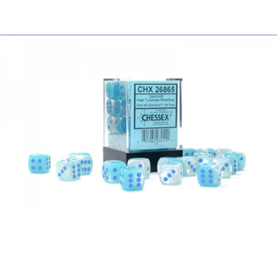 Gemini 12mm d6 Pearl Turquoise-White/blue Luminary Dice Block (36 dice)