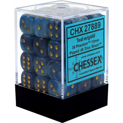 Chessex Signature 12mm d6 with pips Dice Blocks (36 Dice) – Phantom Teal w/gold