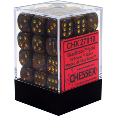 Chessex Signature 12mm d6 with pips Dice Blocks (36 Dice) - Scarab Blue Blood w/gold