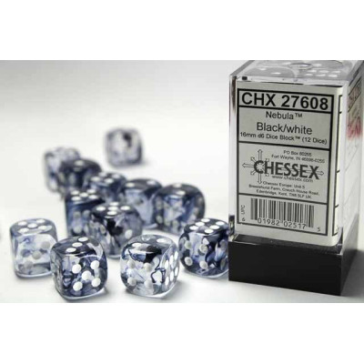 Chessex 16mm d6 with pips Dice Blocks (12 Dice) - Nebula Black w/white