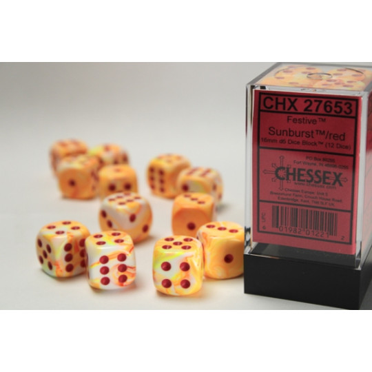 Chessex 16mm d6 with pips Dice Blocks (12 Dice) - Festive Sunburst w/red