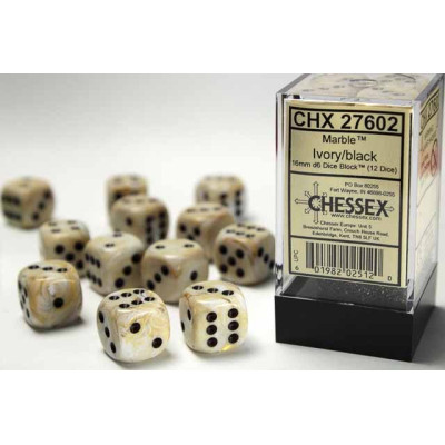 Chessex 16mm d6 with pips Dice Blocks (12 Dice) - Marble Ivory w/black